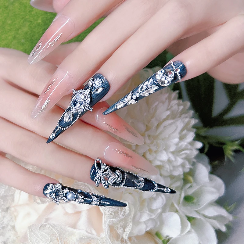 14개(긴 것 4개+짧은 것 10개) 수제 고딕 젬 리티니 네일 세트 행사용 반짝이고 빠르게 세팅되는 인기 키트보다 우수함