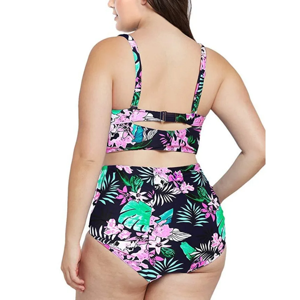 High Waist Bikini Set-Floral Print & Solid Color Two Piece Swimsuits for Women, Tummy Control Bathing Suits for Curvy Ladies