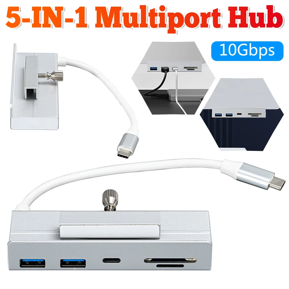 USB3.1 Gen2 10Gbps Type-C Splitter 5-IN-1 Multiport Hub Adapter SD TF Card Reader with 2 USB-A + 1 USB-C Ports for Desktop PC