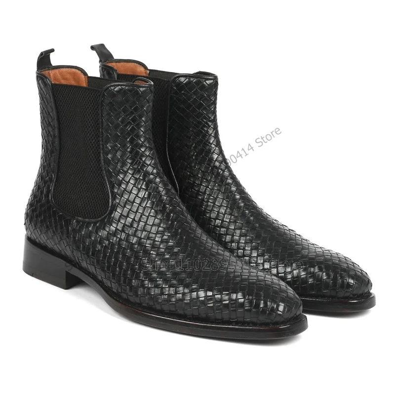 Black Geometric Fretwork Design Ankle Boots Fashion Slip On Men Boots Luxurious Handcraft Party Banquet Office Men Dress Shoes