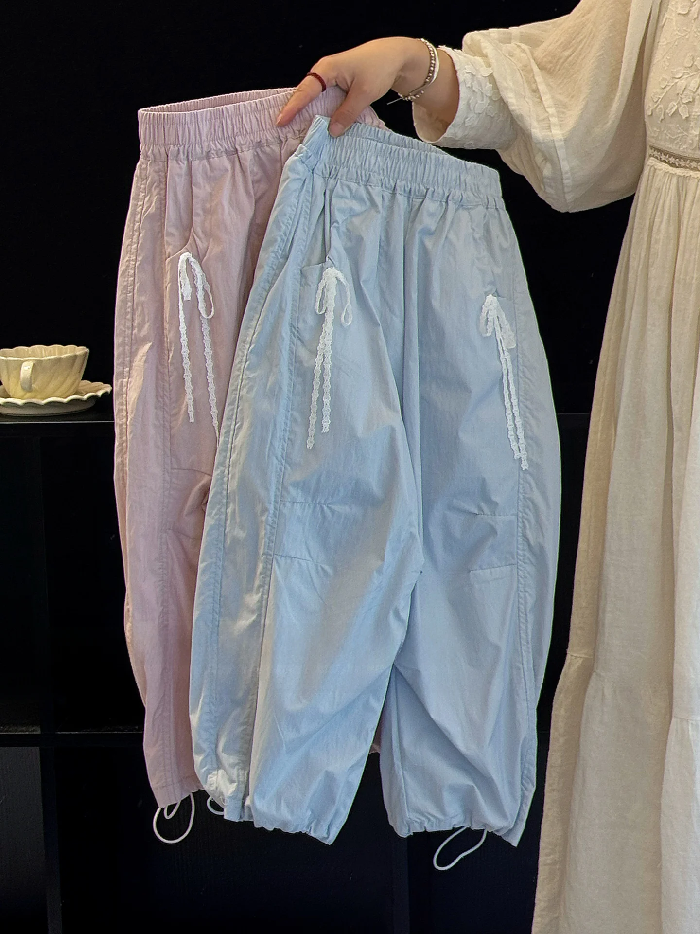 女の子夏薄手ワークパンツバタフライノットパラトルーパー通気性ロングパンツ双方向着用可能カジュアルストレートレッグパンツ