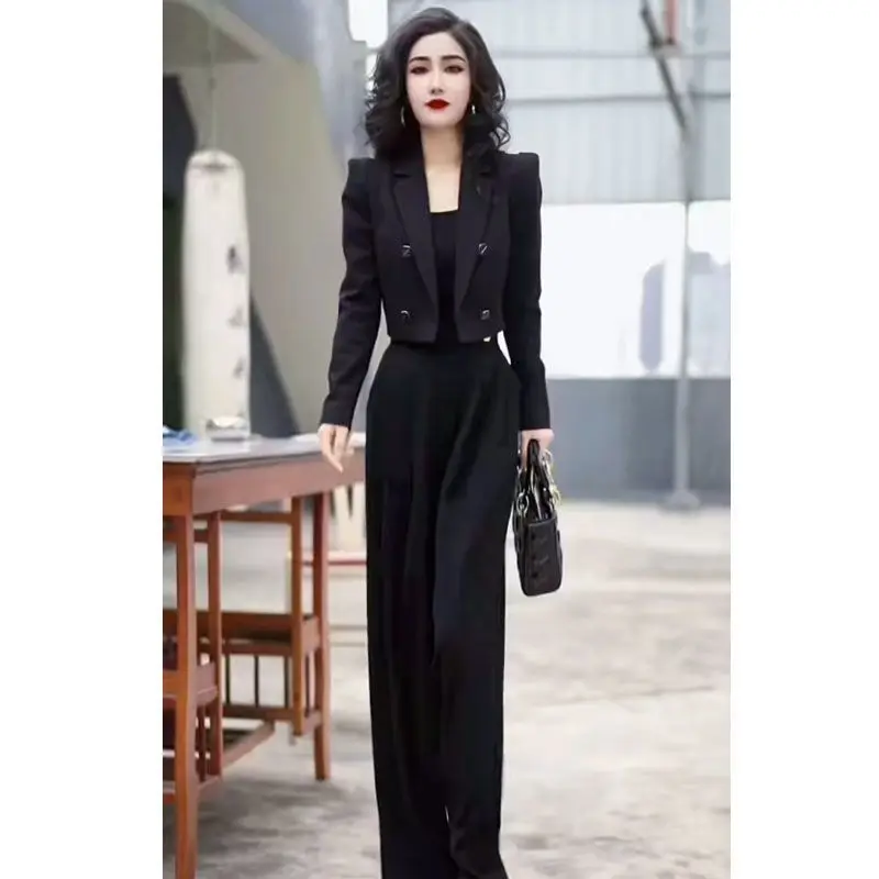 

New Korean Fashion Autumn Two Piece Set Women High End Fashion Lapel Puff Sleeve Short Coat + Wide Leg Pants Office Lady Suit