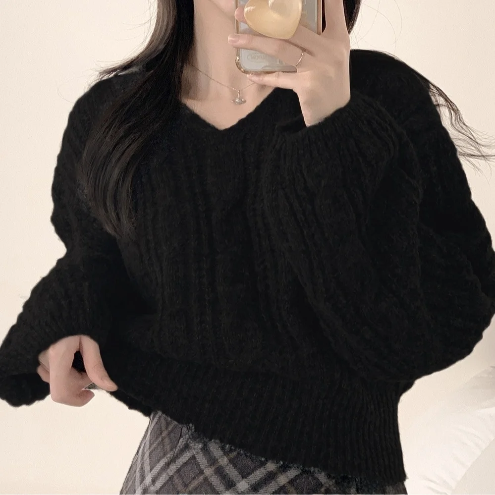 Women's Knitted Sweater Chic Lazy Twist Lantern Sve Pure Color V-Ne Pullover Autumn Winter Korean Sle Ele Top