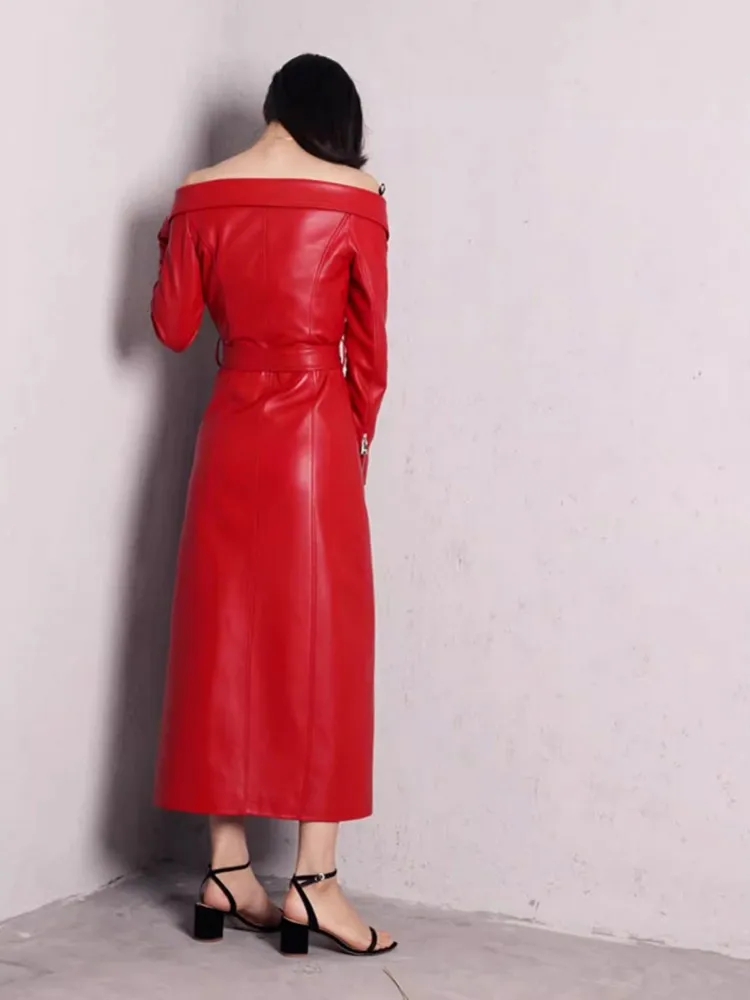 Sexy Red Women Slash Neck Motorcycle Sheepskin Genuine Leather Dress Autumn Zipper Belt Slim Fit High Split Mid Calf Long Dress