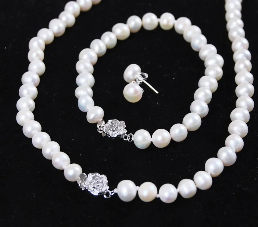 

7-8mm White Freshwater Cultured Pearl Bracelet Necklace Earrings Set