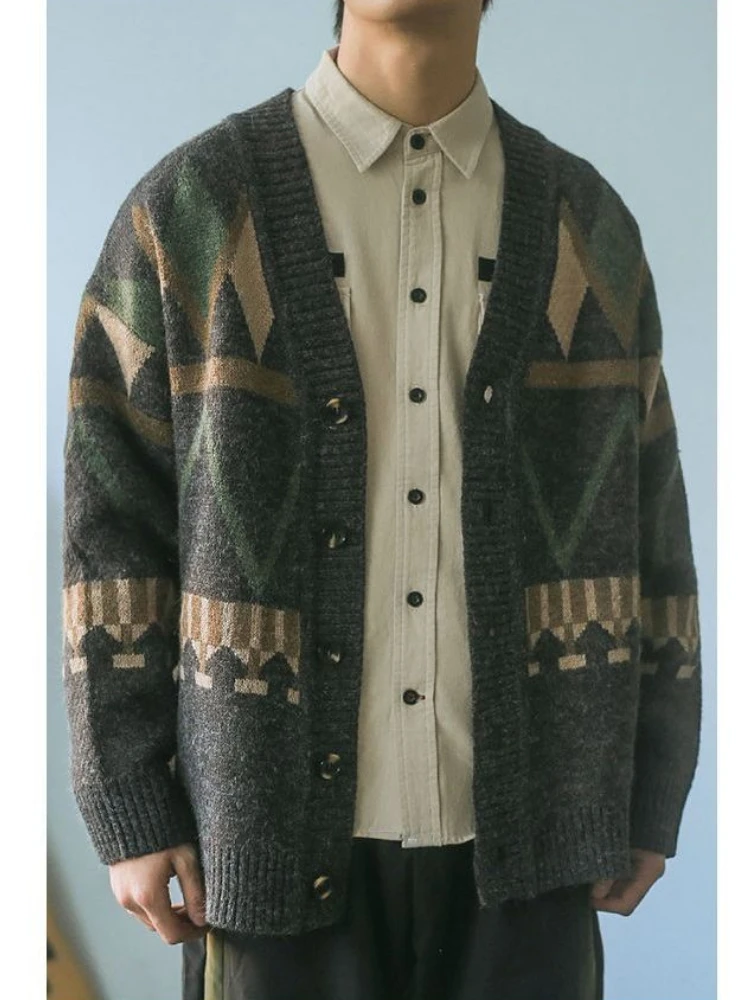 Vintage Print Autumn Winter Jacket Knitted Cardigan High-end Coats Sweater Warm Casual Loose Tops Long Sleeve Single Breasted