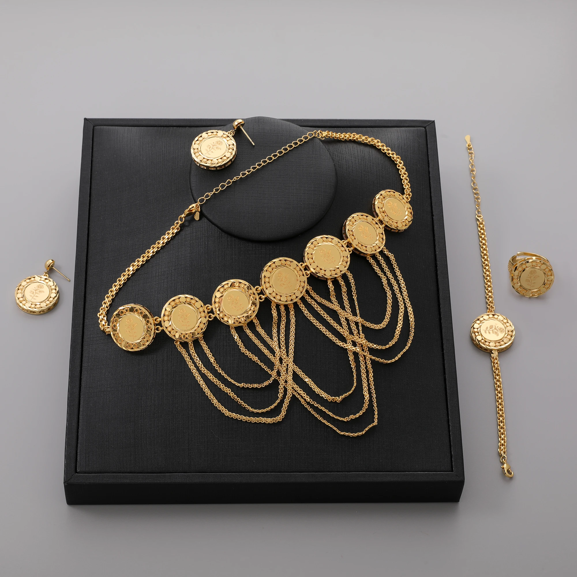 Arab Nigeria Saudi Arabia women's necklace and earrings set high quality exquisite jewelry gift 24k gold plated ancient coins fl