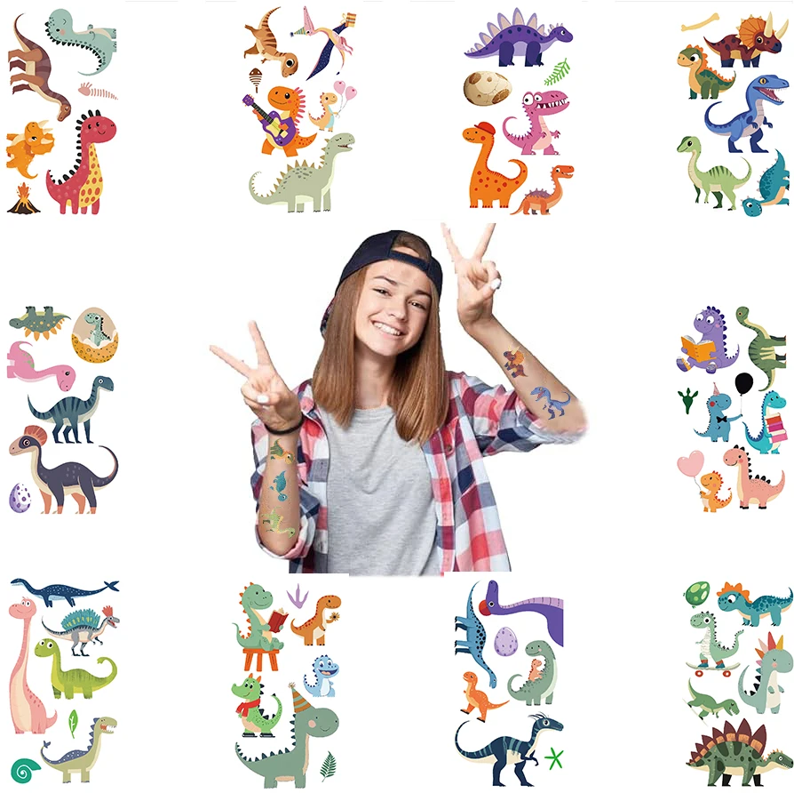 10 Sheets Dinosaur Tattoo Stickers Glitter Material Cartoon Party Long Lasting Waterproof Temporary Tattoo Stickers