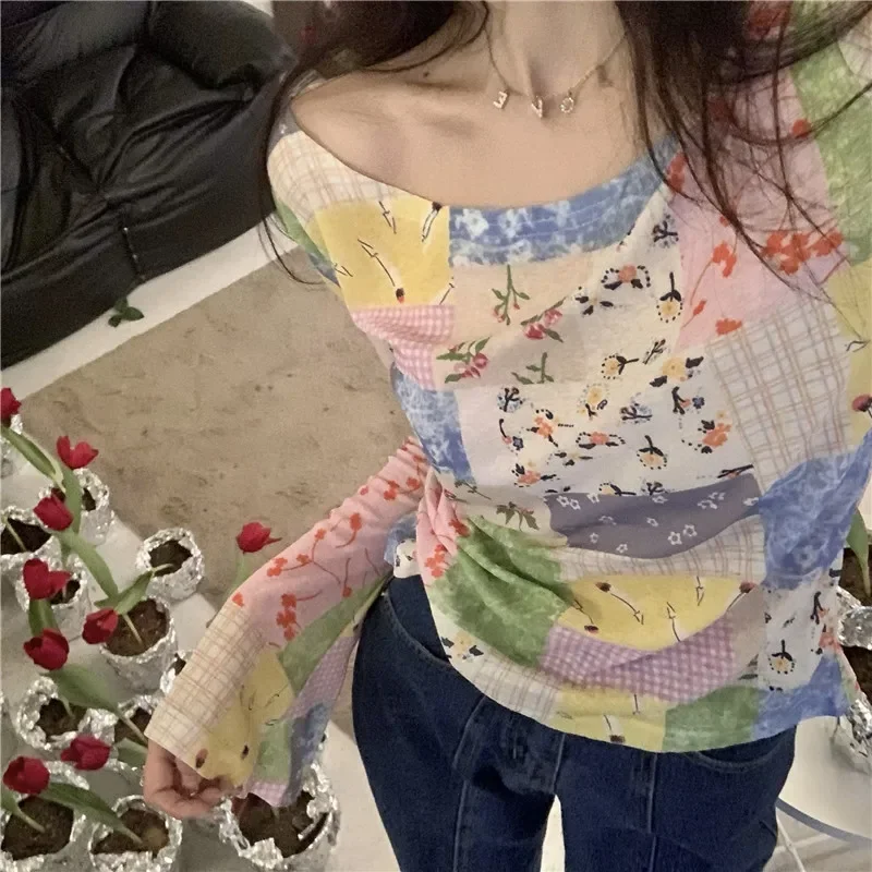 Sweet Woman Tshirts 2026 Ropa Mujer Crop Tops Slash Neck Long Sleeve Print Tees Casual Chic Gauze Contrast Color Summer Tshirt