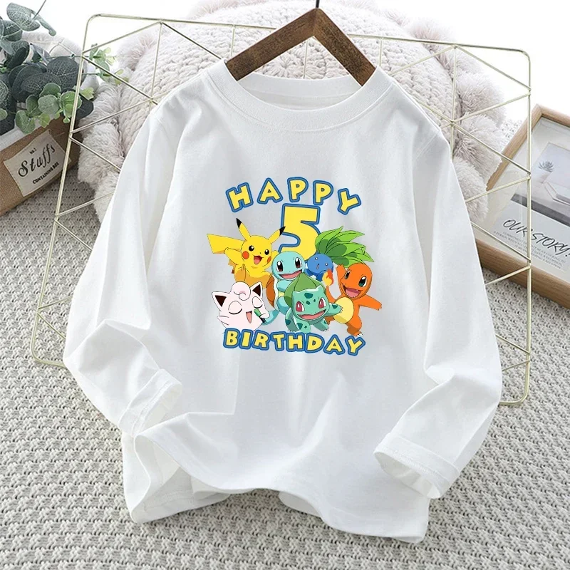 Camiseta de manga larga de Pokémon para niños, jersey con estampado de números de Pikachu de dibujos animados de 1 a 10, camisetas cálidas informales de invierno para niños y niñas, regalos para niños