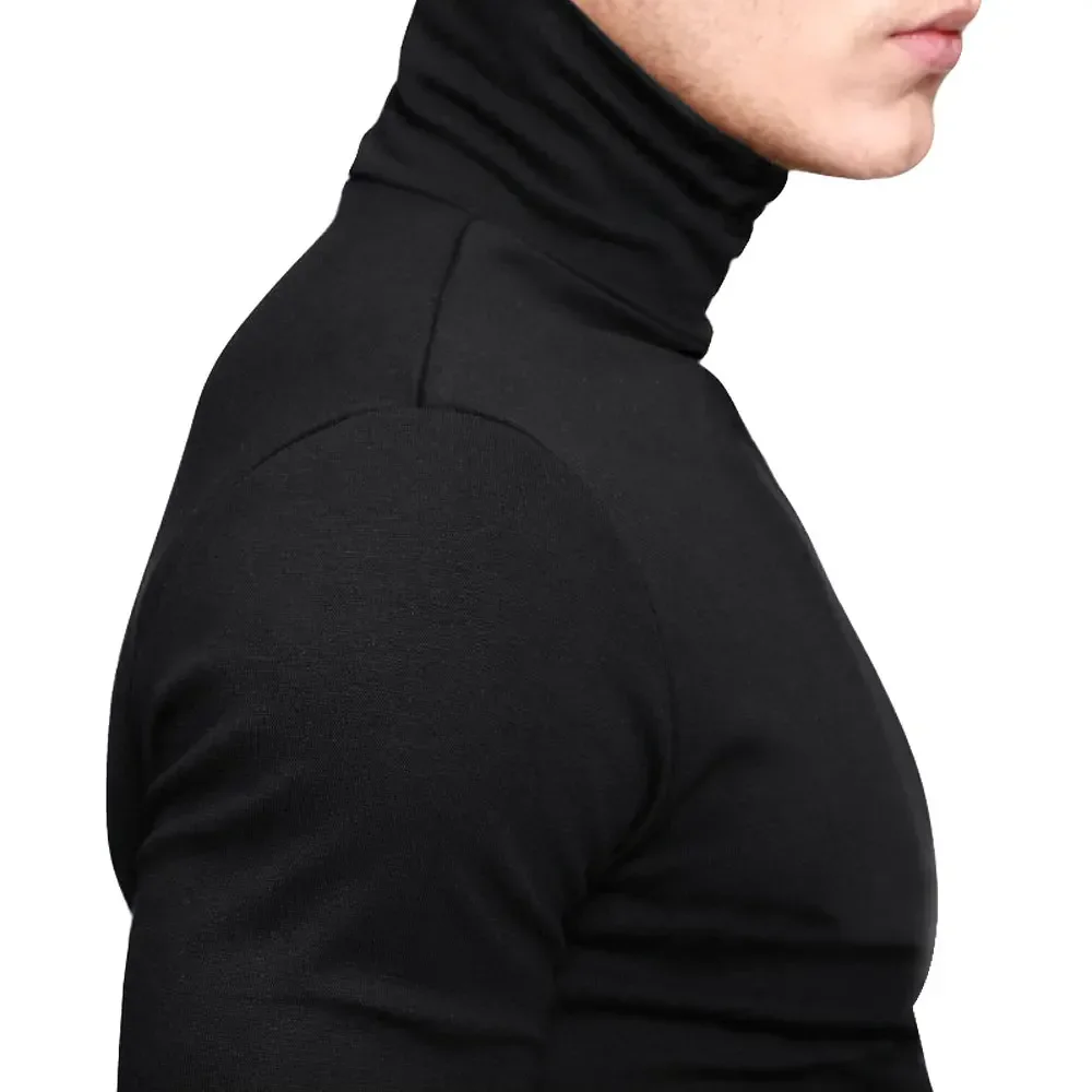 New Men Fashion T Shirt Tees Slim Tops Male Stretch T-shirt Turtleneck Long Sleeve Tee Shirts High Collar Men's Tees