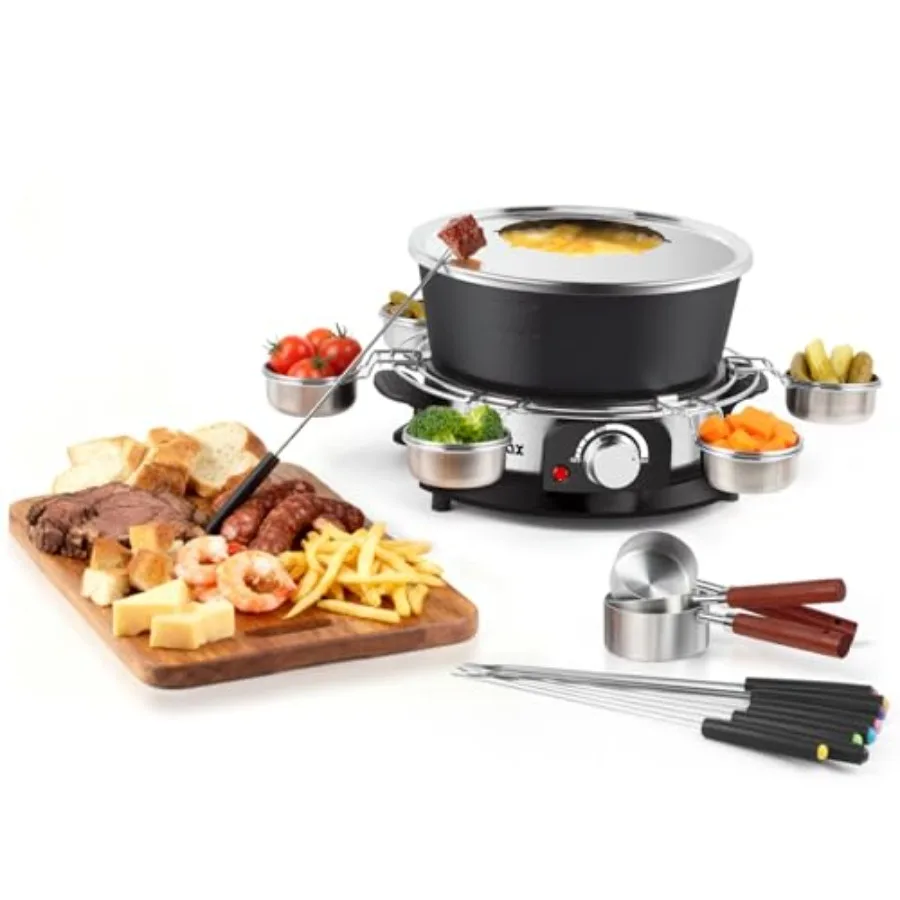 

Cusimax 1300W Electric Fondue Set 2L Non-stick Pot for Cheese Chocolate Oil or Broth with 8 Forks 6 Food Cups Removable Handle