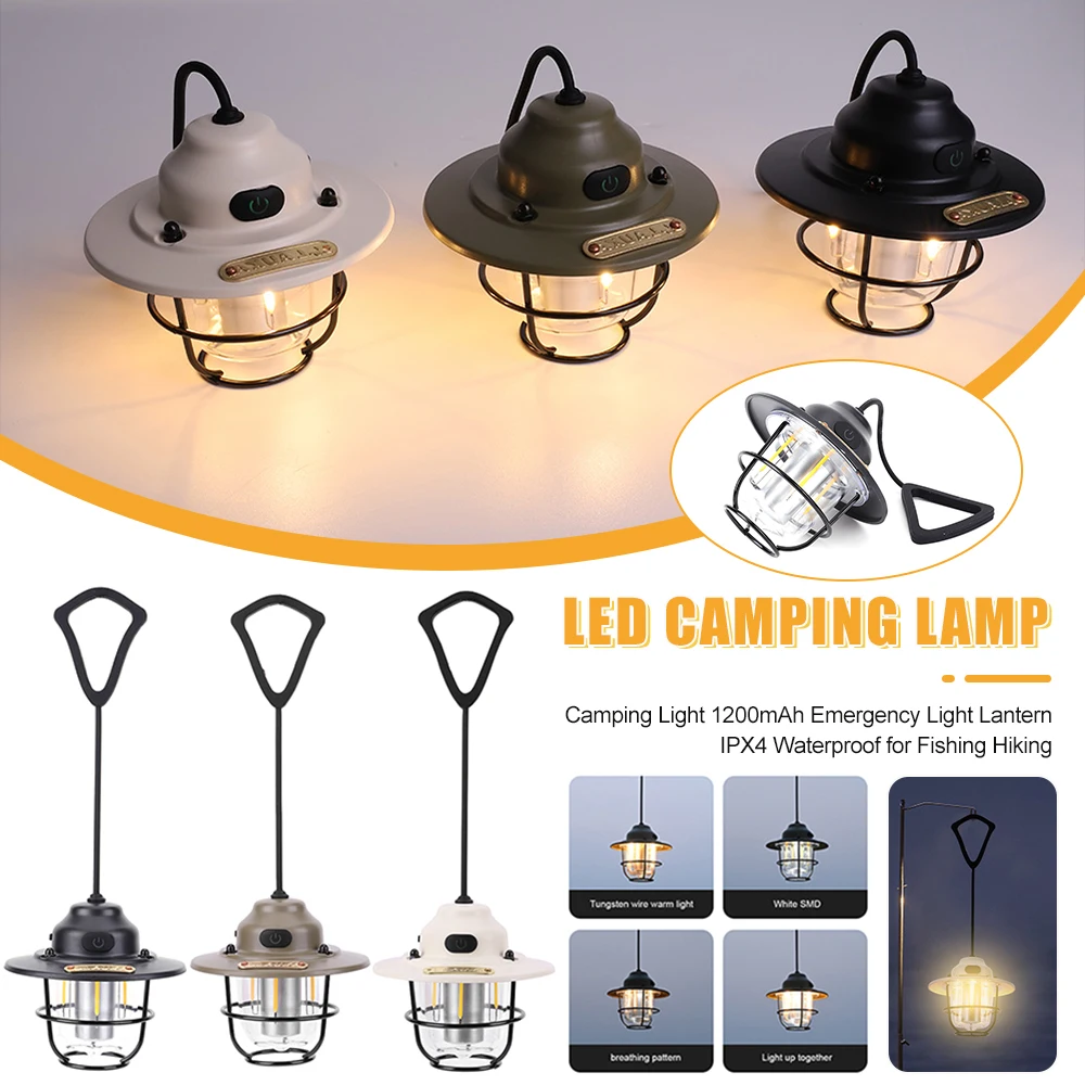 1200mAh Retro Hanging Tent Lamp 2700K/6500K Waterproof LED Camping Lamp Stepless Dimming Type C Charging LED Chandelier Light