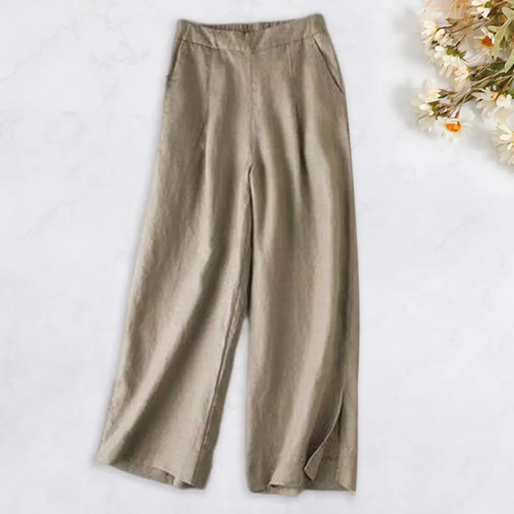 

Solid Color Loose Trousers Women Wide-leg Pants Stylish Women's Wide-leg Pants with Elastic Waist Pockets for Streetwear