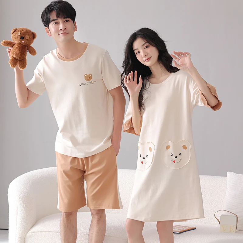 Big Size M-4XL Couple Pajamas Set Summer Men Short-Sleeved Sleepwear Women Nightgown 100% Cotton Home Suit