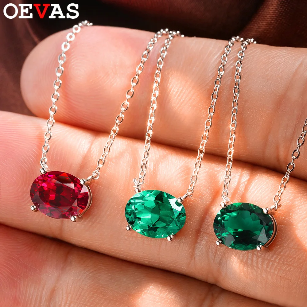 OEVAS 1-3CT Oval Lab Grown Colombian/Zambian Emerald Gemstone Moissanite Necklace for Women S925 Silver Party Fine Jewelry Gift
