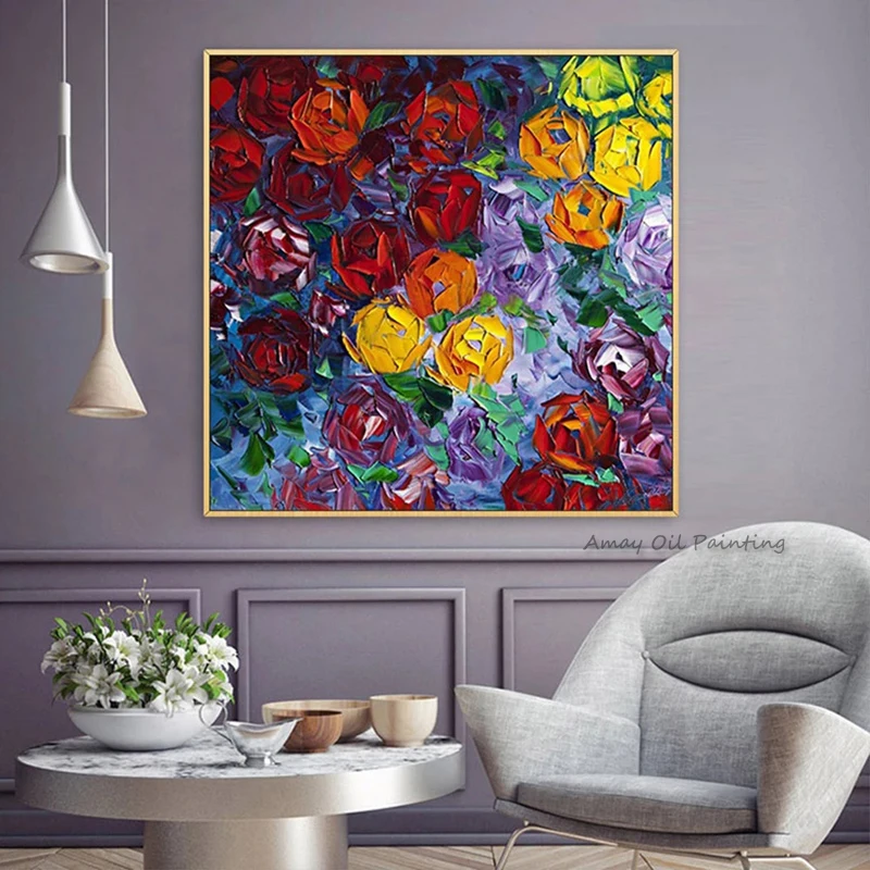 100% Handpainted Impasto Rose Oil Painting Palette Knife Vibrant Floral Square Canvas Home Wall Decor