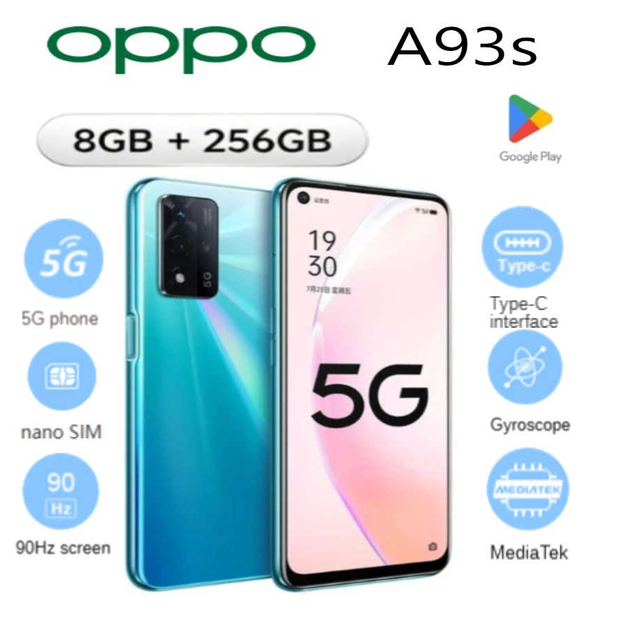 2026 new OPPO A93s 5G smartphone globally unlocked dual Nano-SIM, 6.5-inch 90 Hz display 8/256 GB storage 48 MP triple camera