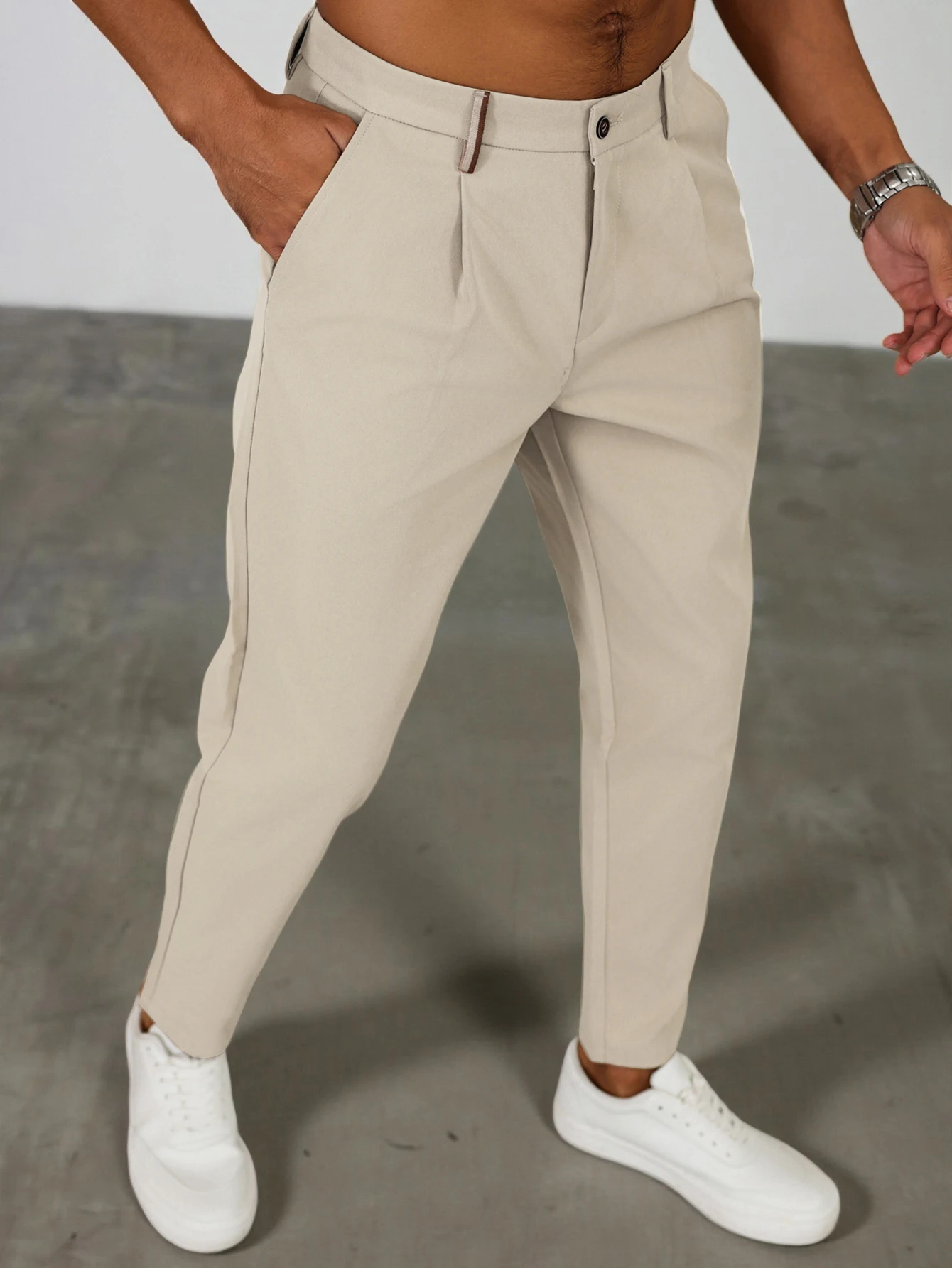 Men's Tapered Pleated Dress Pants Stretch Polyester Elastane Regular Fit Business Casual Black Beige Long Trousers