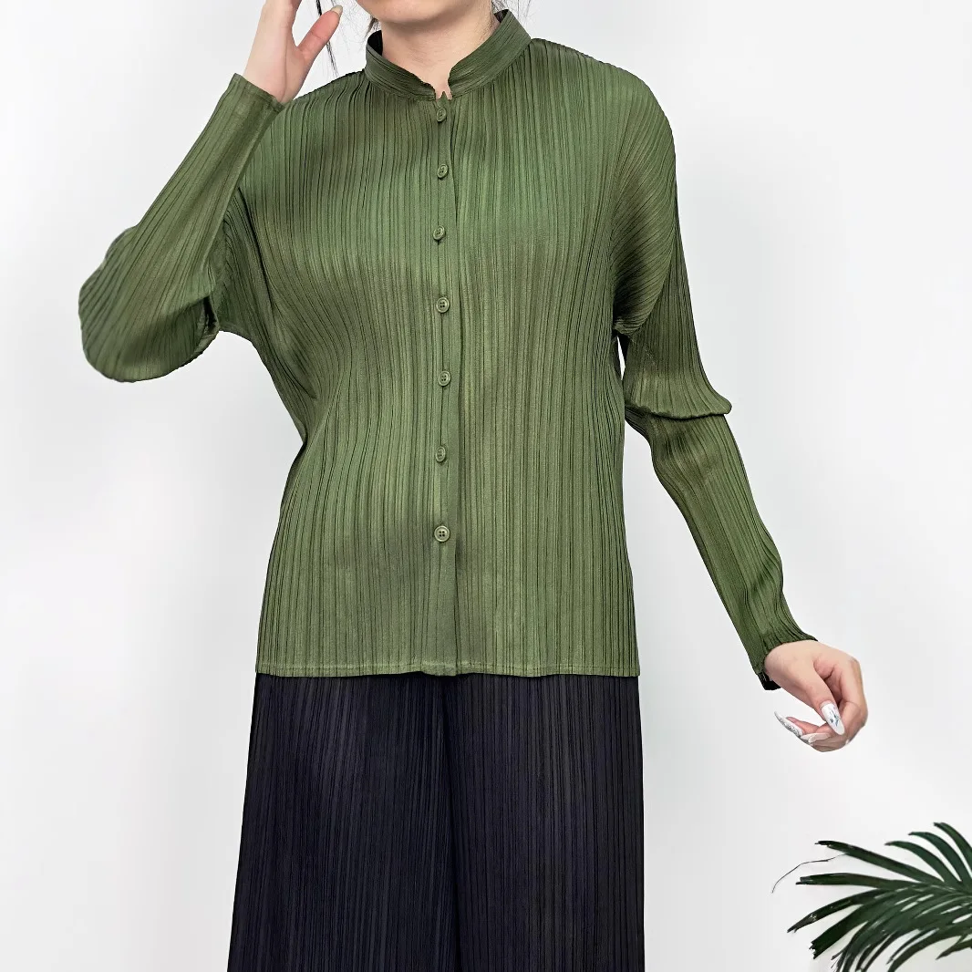 

Women Casual Shirt Solid Color Stand Up Collar Long Sleeved Single Breasted Design Fashionable Classic Female Shirt 2025 Autumn