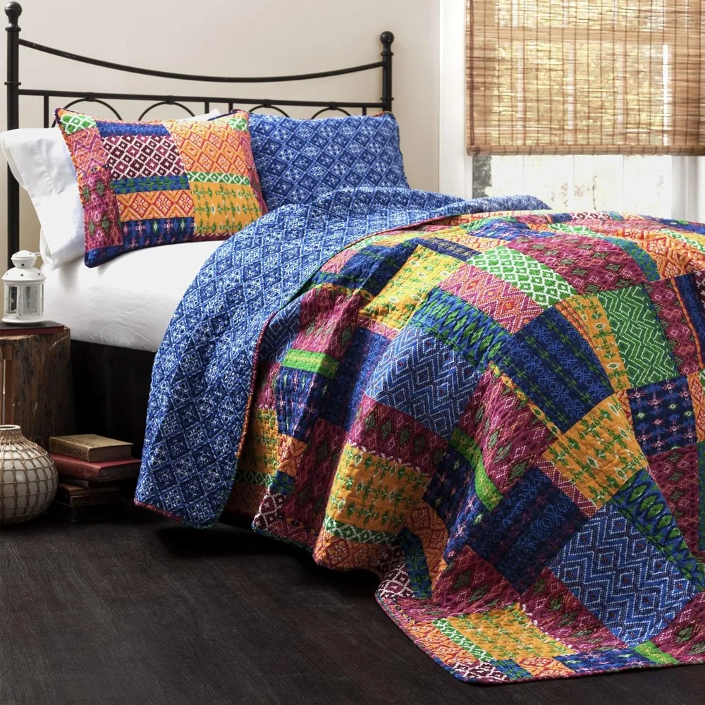 

Misha Reversible Cotton Quilt Queen Size 3 Piece Set Full/Queen Fuchsia & Navy - Queen Bedding Set - Colorful Patchwork