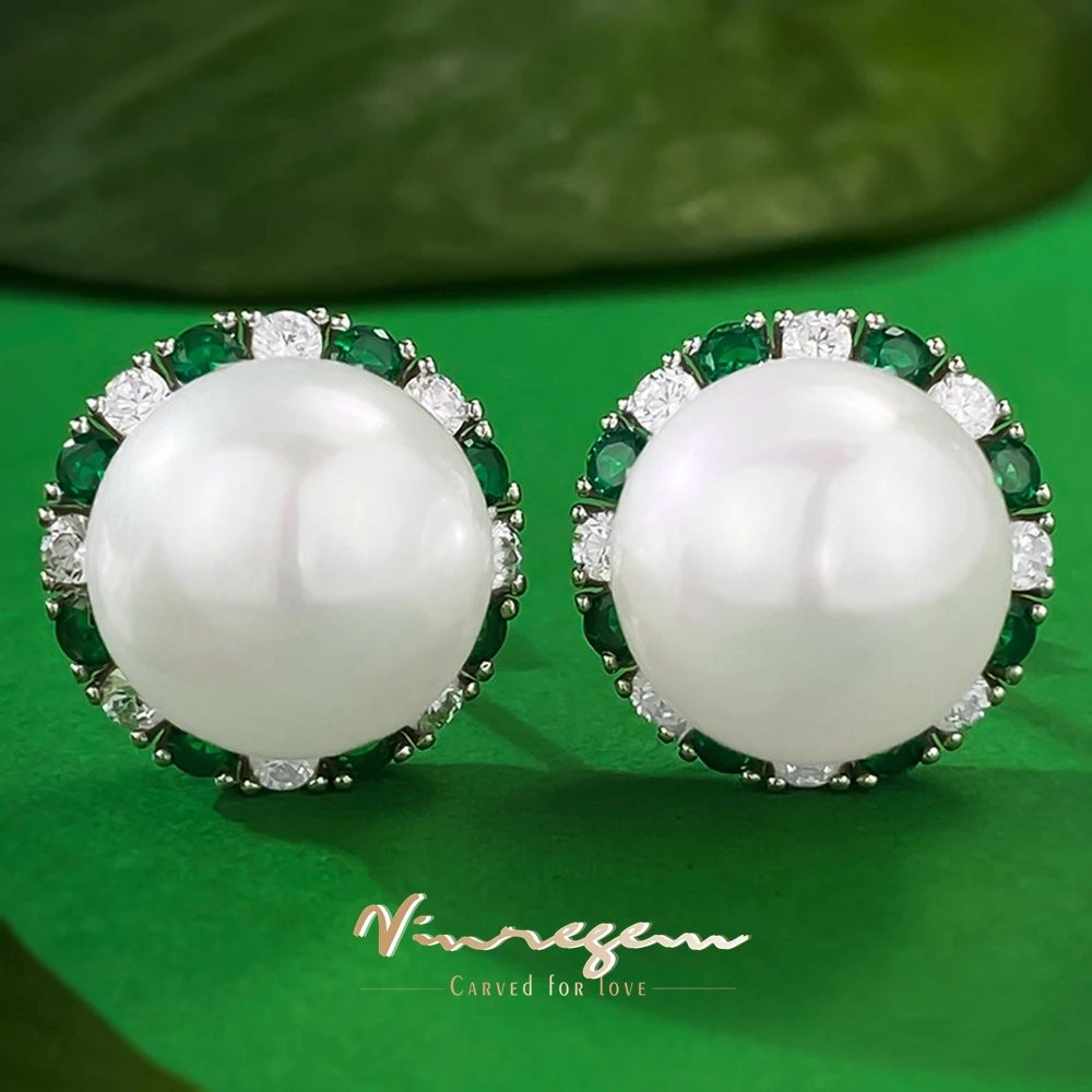 

Vinregem 18K White Gold 12MM Pearl Emerald Gemstone Classic Ear Studs Earrings for Women 925 Sterling Silver Jewelry Wholesale