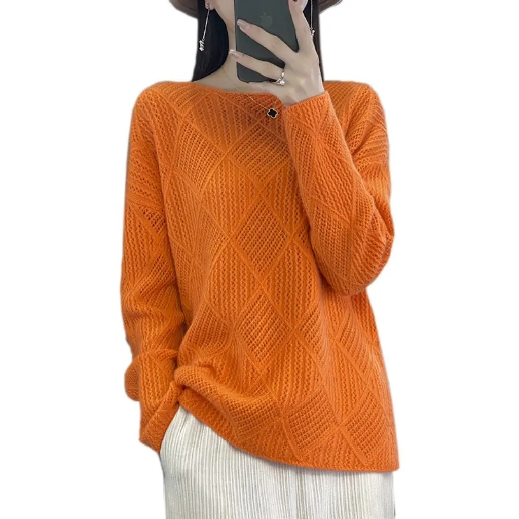 

Women's round Neck Knitted Sweater Wool Loose Diamond Pattern Short Base Shirt for Autumn Winter Warm Fashion Top