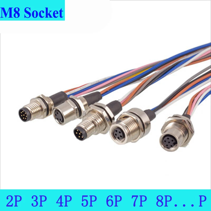 

M8 With 30CM Cable Flange Socket 3 4 5 6 8 Pole Pin Electronic Cable Connection Board Front Board Rear Connector Waterproof IP67