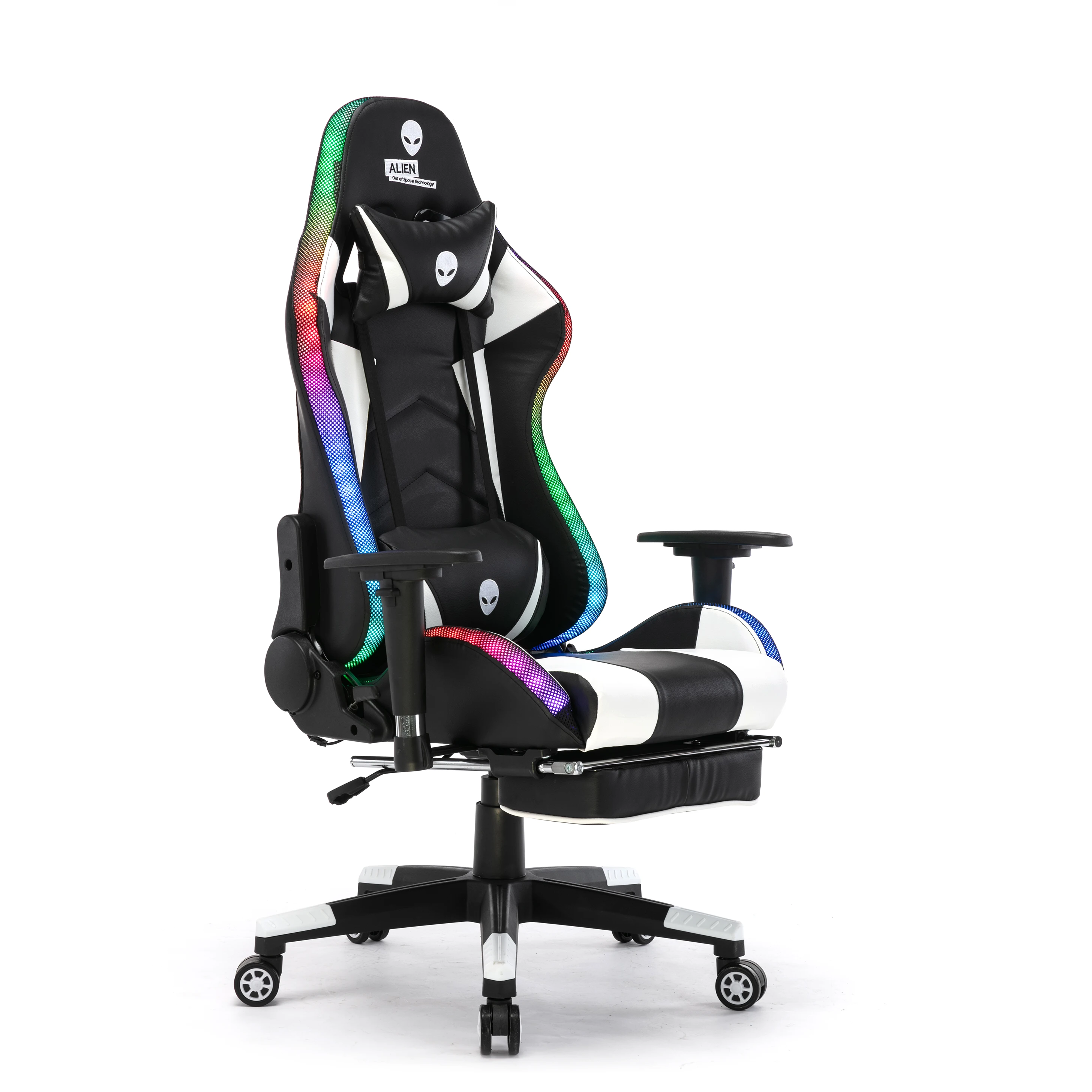 Cyber Cafe Gaming Chair Ergonomic Reclinable Swivel Black White Gaming Chair with Footrest and RGB LED Light Home and Office