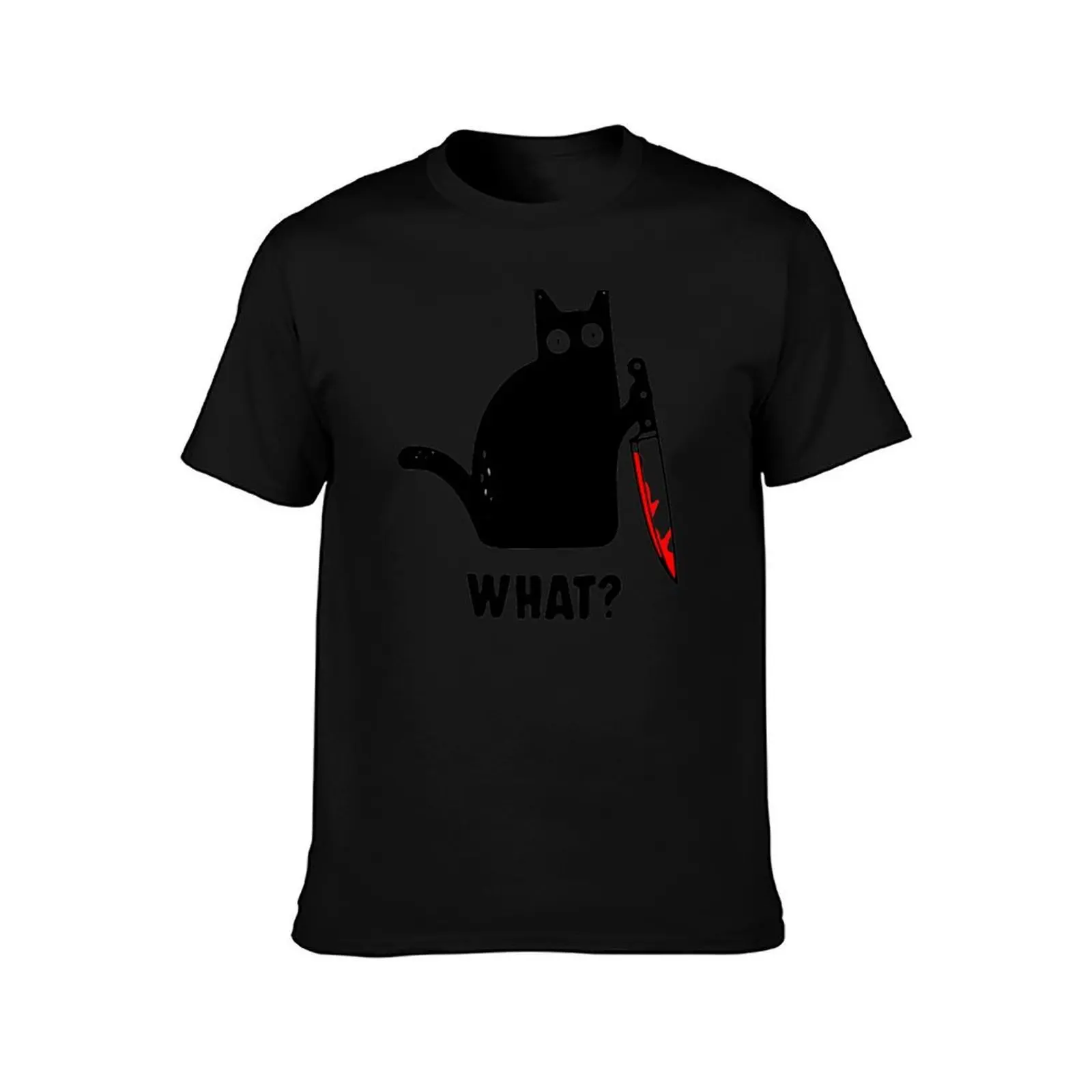 Funny cat with a knife WHAT? T-Shirt, Summer Casual Cotton Tee, Oversized Streetwear Tops, Vintage Graphic Print, 100% Cotton
