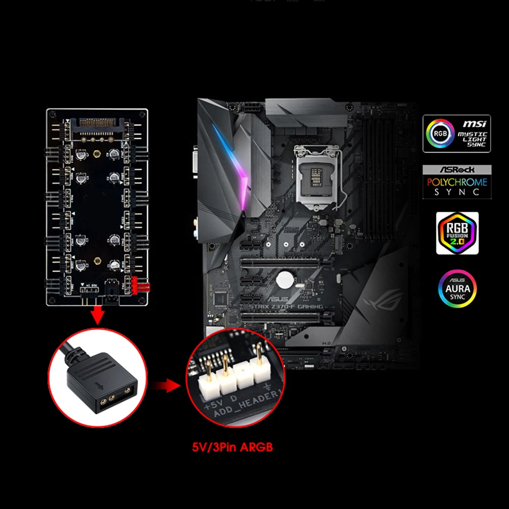 Ventilador RGB de 12V, 4 pines/5V, 3 pines, concentrador PWM, divisor de 1 a 8 vías, controlador de tira de luz LED, sincronización de placa base, divisor PCB direccionable para PC
