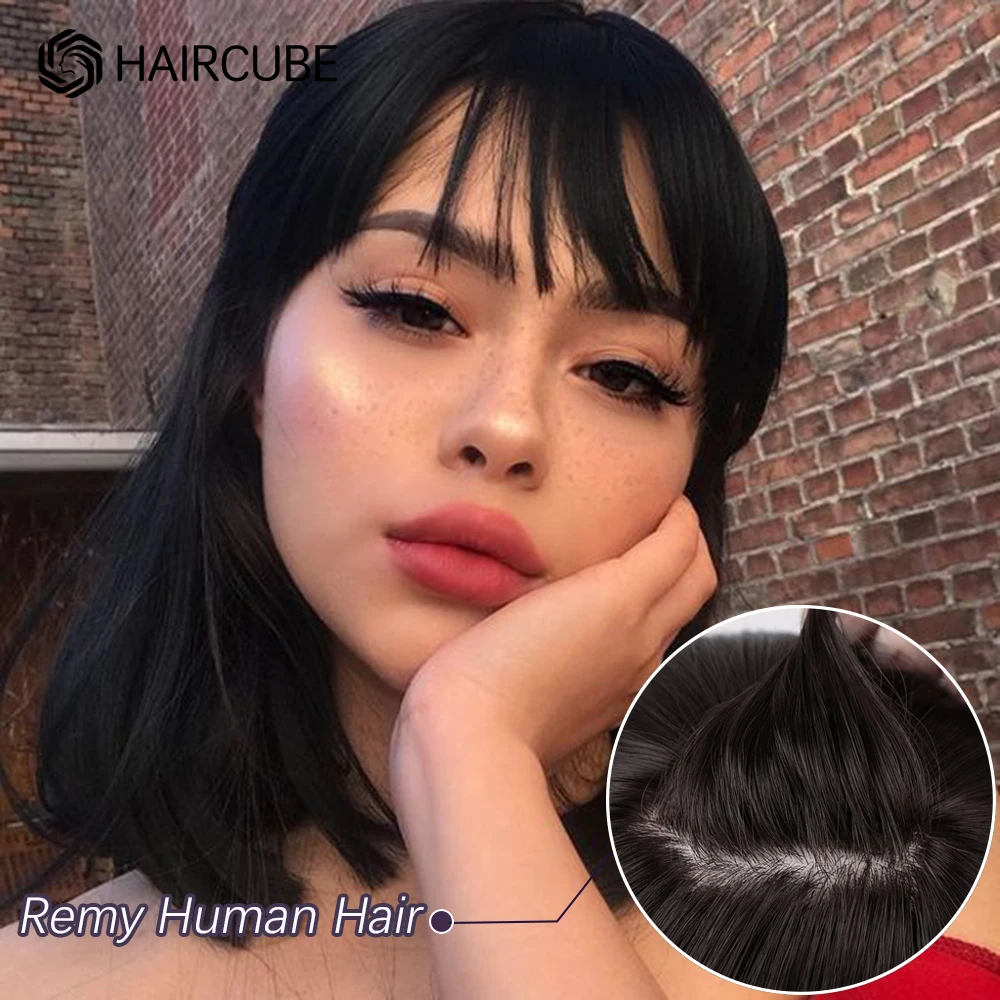 HAIRCUBE Lurus Bob Wig Rambut Manusia dengan Bang Bahu Panjang Remy Rambut Wig untuk Wanita Penuh Mesin Dibuat Wig Tahan Panas