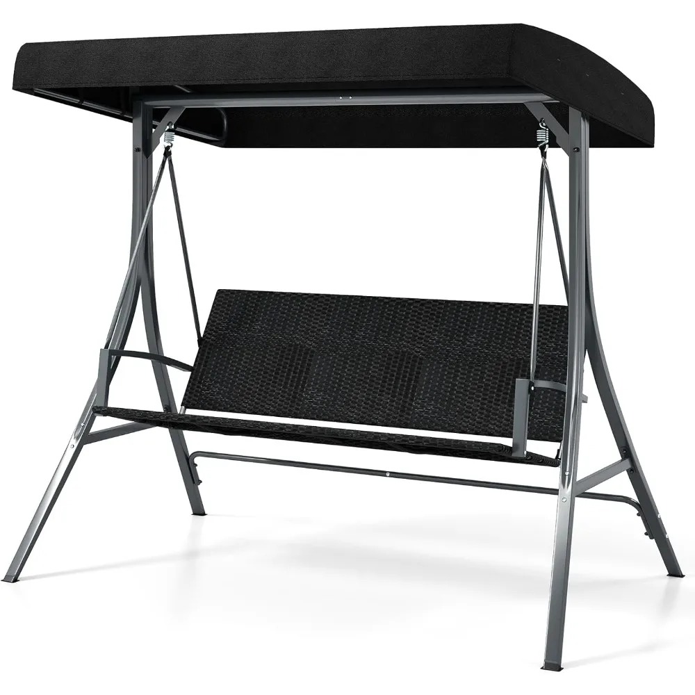 Columpio de mimbre para 3 personas, columpio para exteriores con asiento y respaldo de ratán, estructura de metal, dosel ajustable, carga máxima de 1000 libras