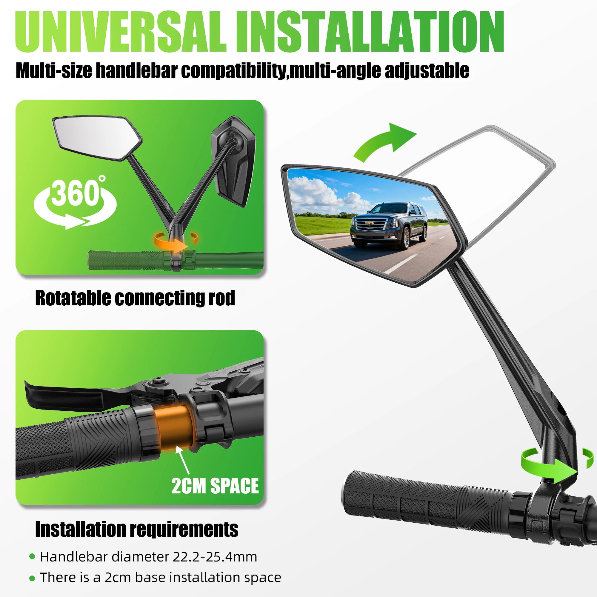 RBRL 360 Rotatable Bike Mirror Wide Angle Bicycle Rearview Mirror Anti Shake Sturdy Handlebar Mirror Aluminum Base for Cycling