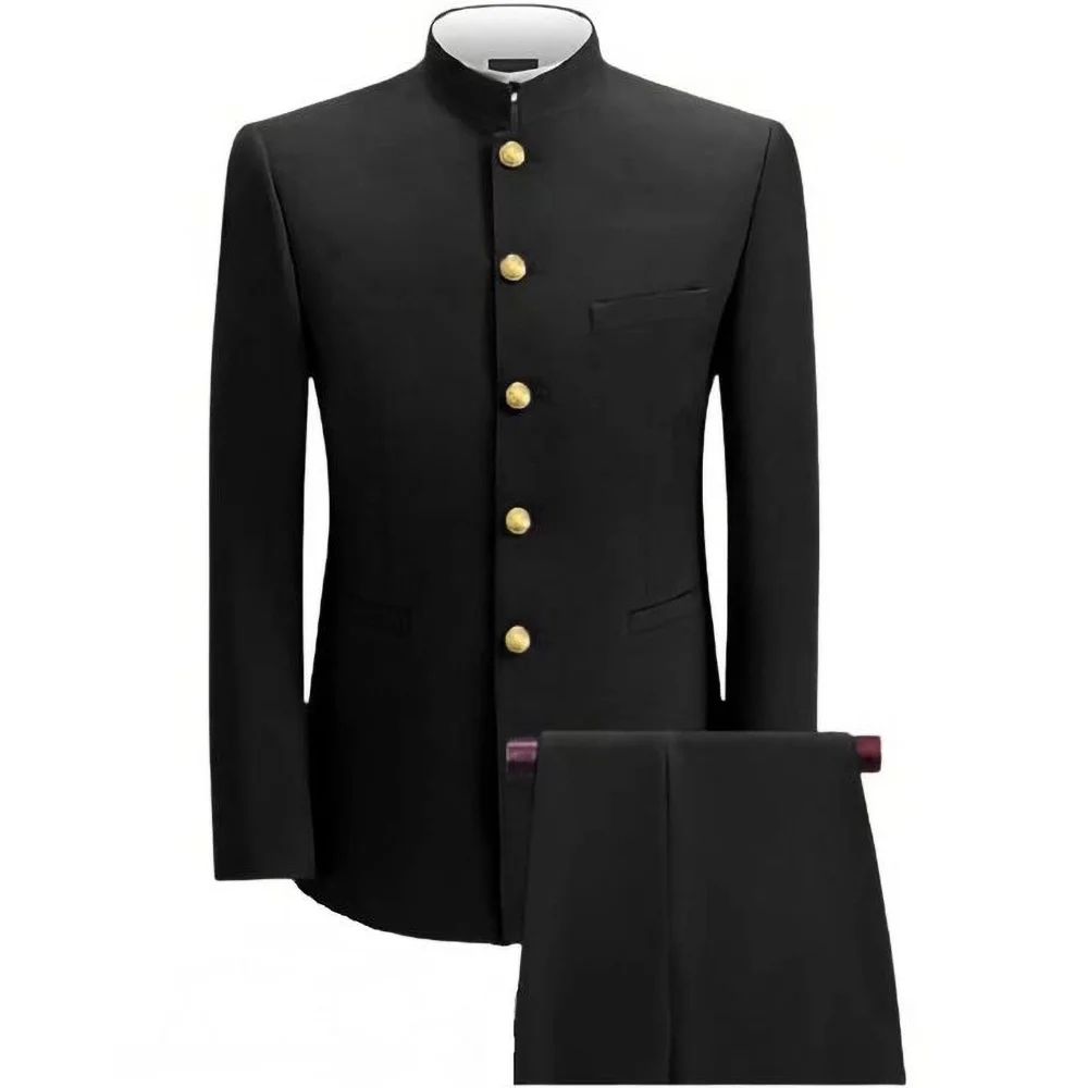 

Summer Black Men Suits Chic Stand Collar Single Breasted 2 Piece Fashion Wedding Tuxedo Business Casual Slim (Blazer+Pants)