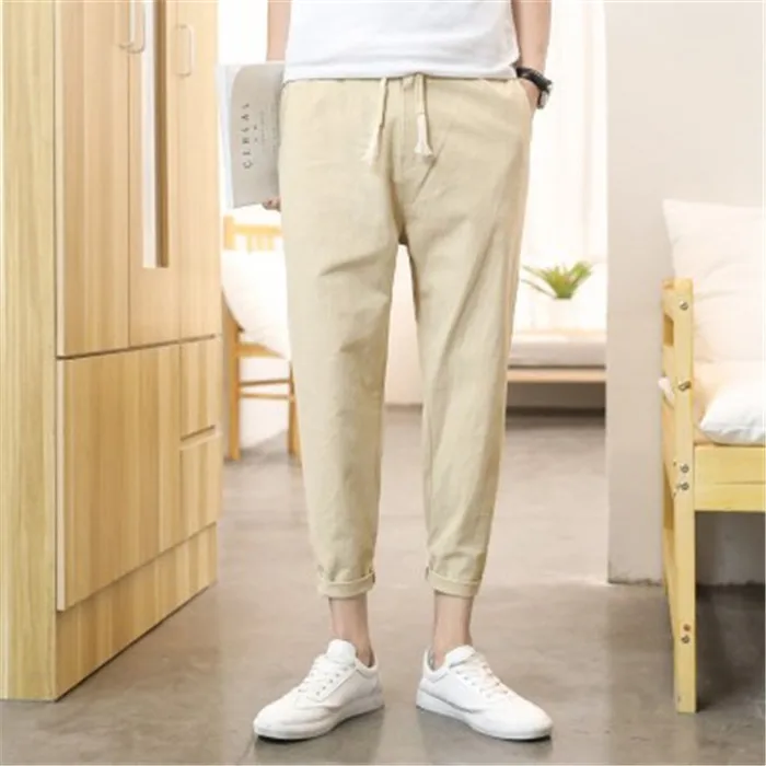 Trendy Cotton Lin Men's Straight Leg Casual Pants Breathable Loose Fit Spor Nine-quarter Length Teenager Summer Loose Clothes