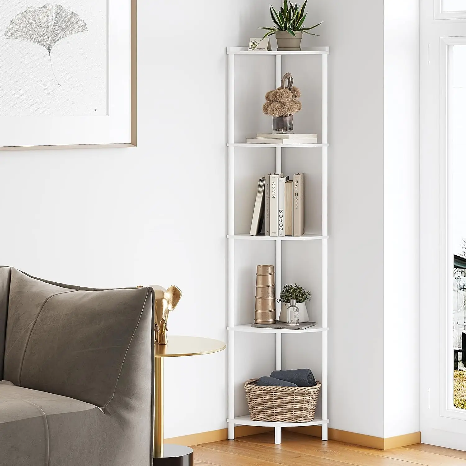 

5-Tier Corner Shelf, Industrial 65" Display for Living Room Decor, Wall Bookshelf Organizer, Tall Plant Stand in White