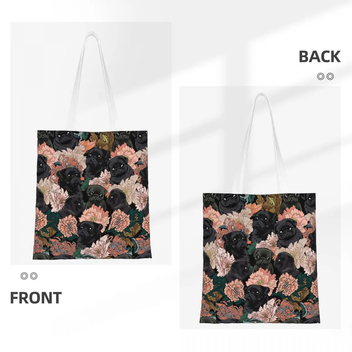 Porque Black Pug Sacos de compras Lona dobrável The Tote Bag Meninas Bolsa de ombro Bolsa de viagem