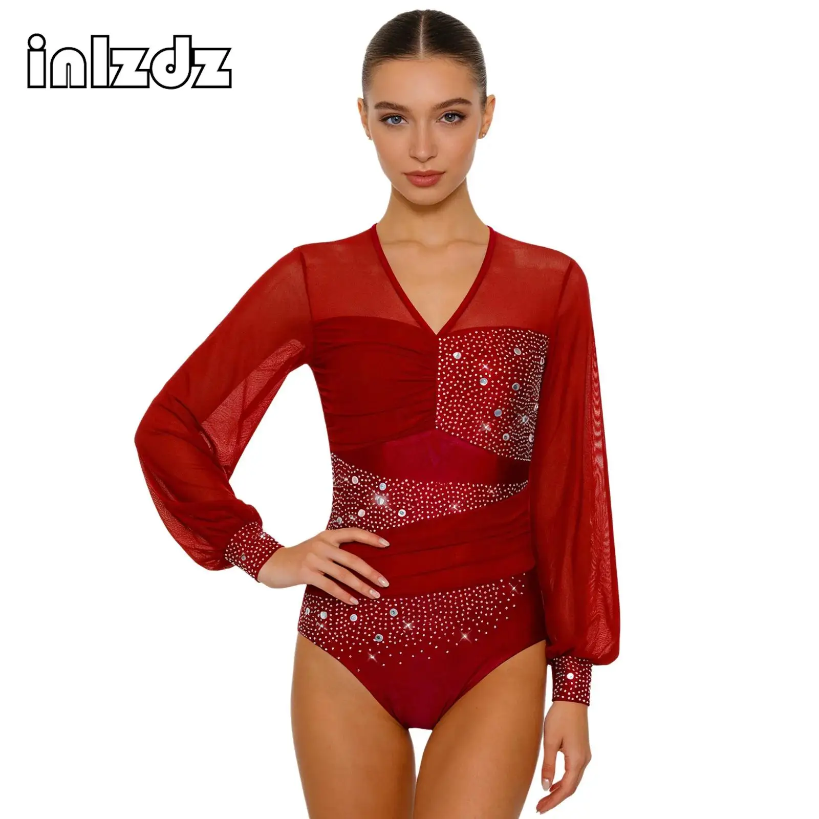 

Women Rhythmic Gymnastics Leotard Rhinestone Mesh Long Sleeve Back Cutout Ruched Bodysuit for Figuring Skating Tango Latin Dance