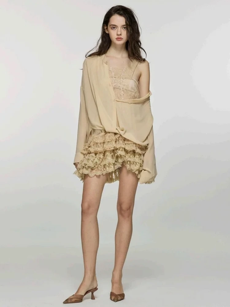 

Женская юбка цвета хаки, вечерние комплект из двух предметов, сексуальная рубашка с v-образным вырезом и длинным рукавом + кружевные лоскутные мини-юбки трапециевидной формы, костюмы для вечернего коктейля