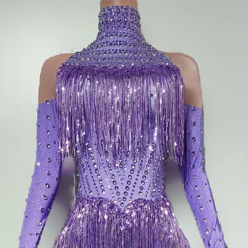 Kostium Drag Queen Fioletowy Kombinezon z Frędzlami i Cyrkoniami Damski Strój do Tańca na Rurze Bar DS DJ Rave Outfit Sceniczny Strój Gogo XS9668