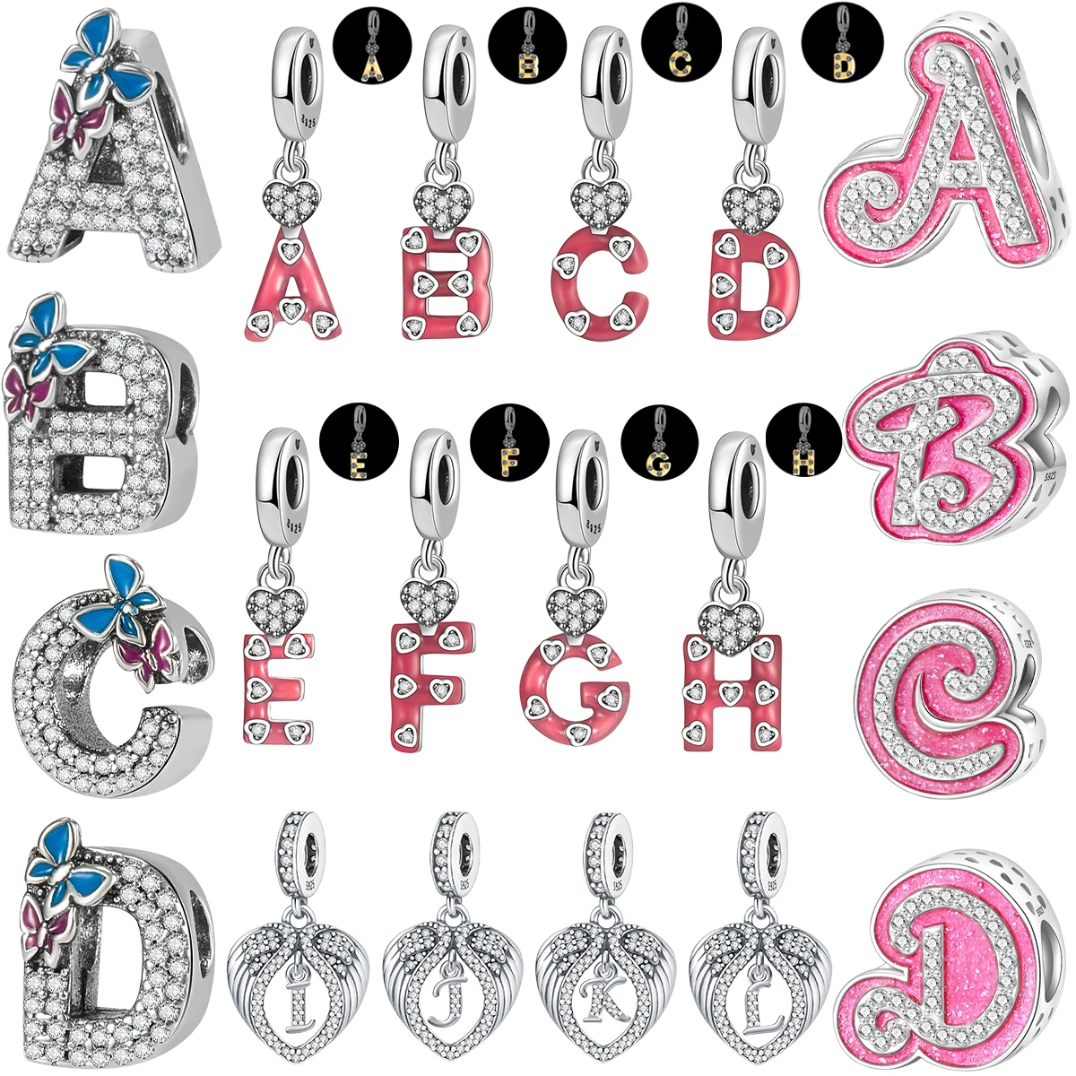 

Original 925 Sterling Silver 26 Letter A-Z Alphabet Heart Charm Luminous Beads Pendants Fit Bracelets Necklace DIY Jewelry Gifts