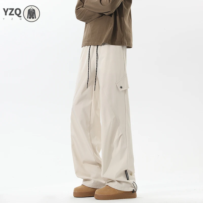 Mens Loose Wide Leg Cargo Pants Drawstring Elastic Waist Multi Functional Pockets For Walking Camping And Daily Relax Outfit