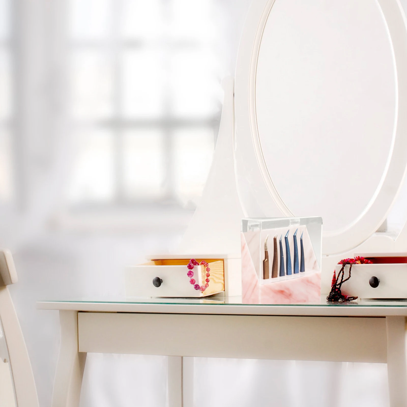 

1pc 8-Hole Acrylic Tweezers Holder Pink Marbling Design For Salon Acrylic Tweezers Holder Home Easy Access Storage Display Stand