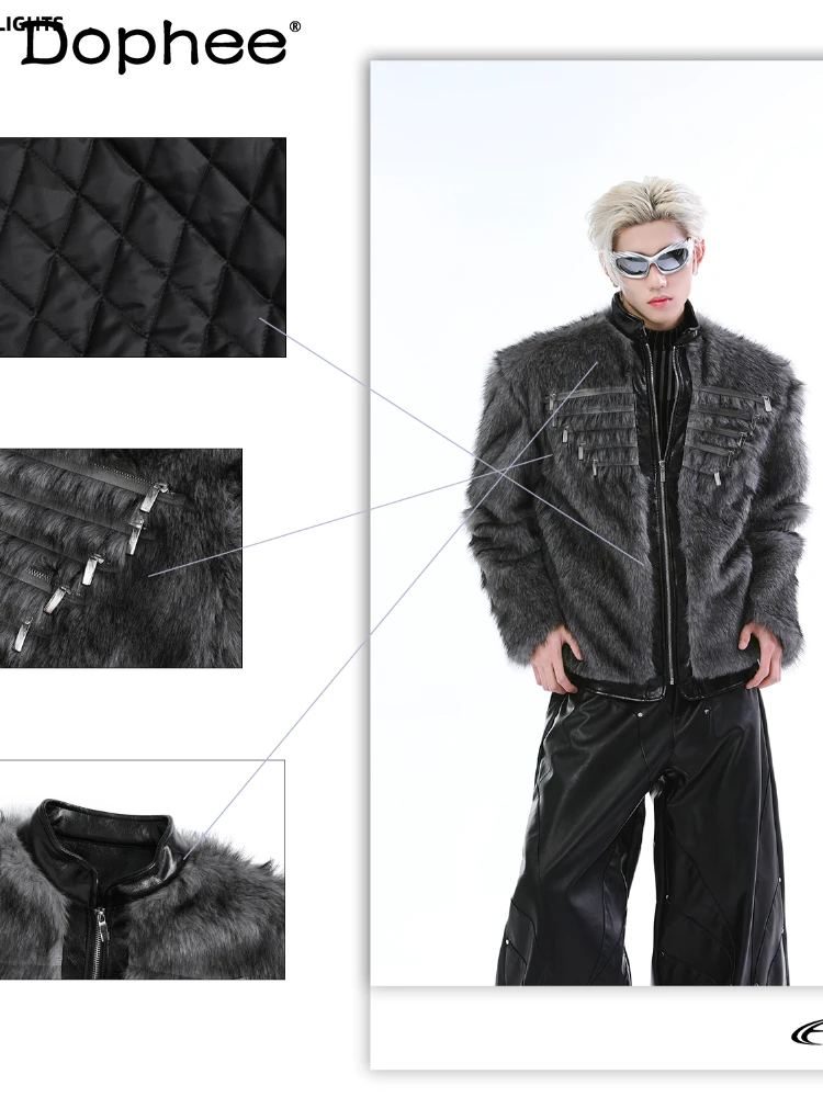 Men's 2024 Winter New Zipper Leather Thickened Stand Collar Zipper Splicing Warm Long Sleeve Faux Fur Short Imitation Mink Coats