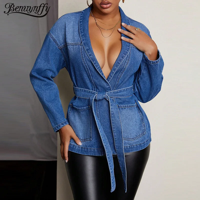 

Benuynffy сексуальное джинсовое пальто с глубоким v-образным вырезом и поясом, женское весенне-осеннее повседневное модное джинсовое пальто с длинными рукавами, топ с карманами