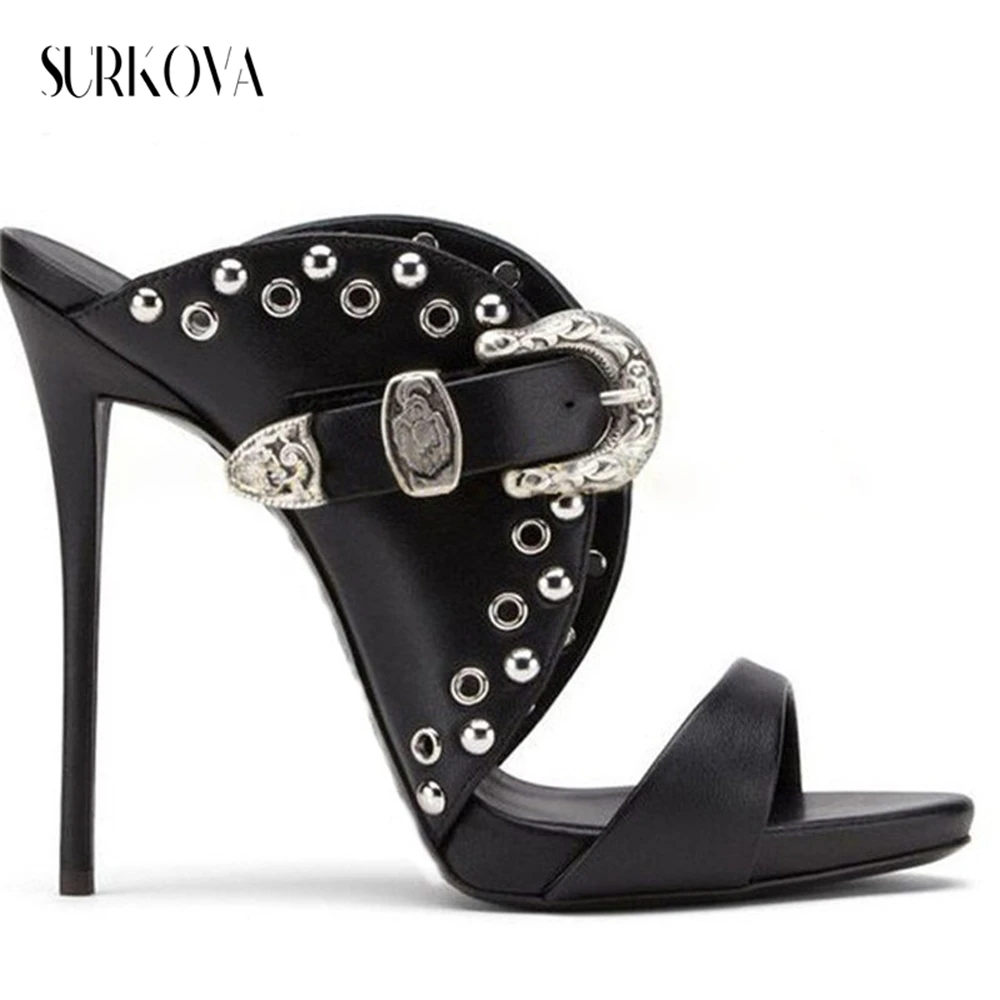 

Studded Eyelet Black Stilettos Women's Sexy Super High Heel Sandals and Slippers Metal Buckle Punk Style Fashion Women's Shoes