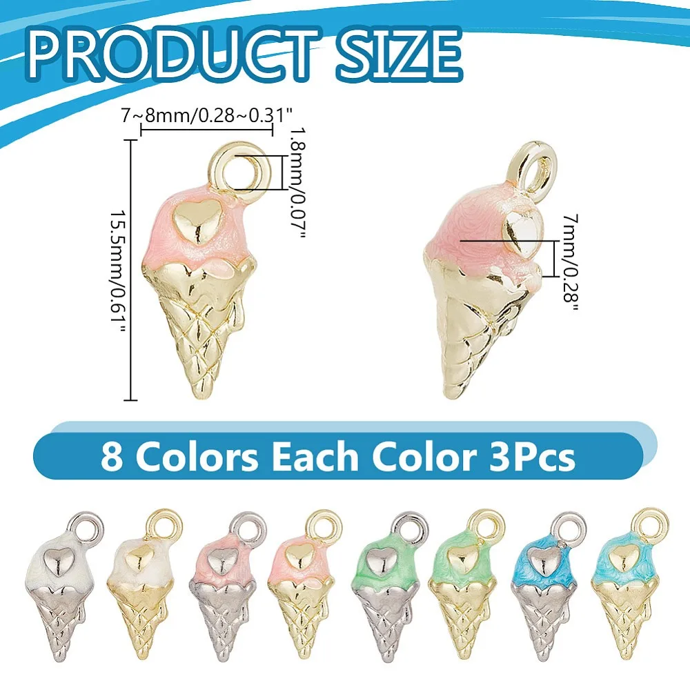 

24Pcs 8 Styles Zinc Alloy Enamel Pendants Ice Cream Charms Platinum Golden Mixed Color 15.5x7~8x7mm Hole: 1.8mm 3pcs/style