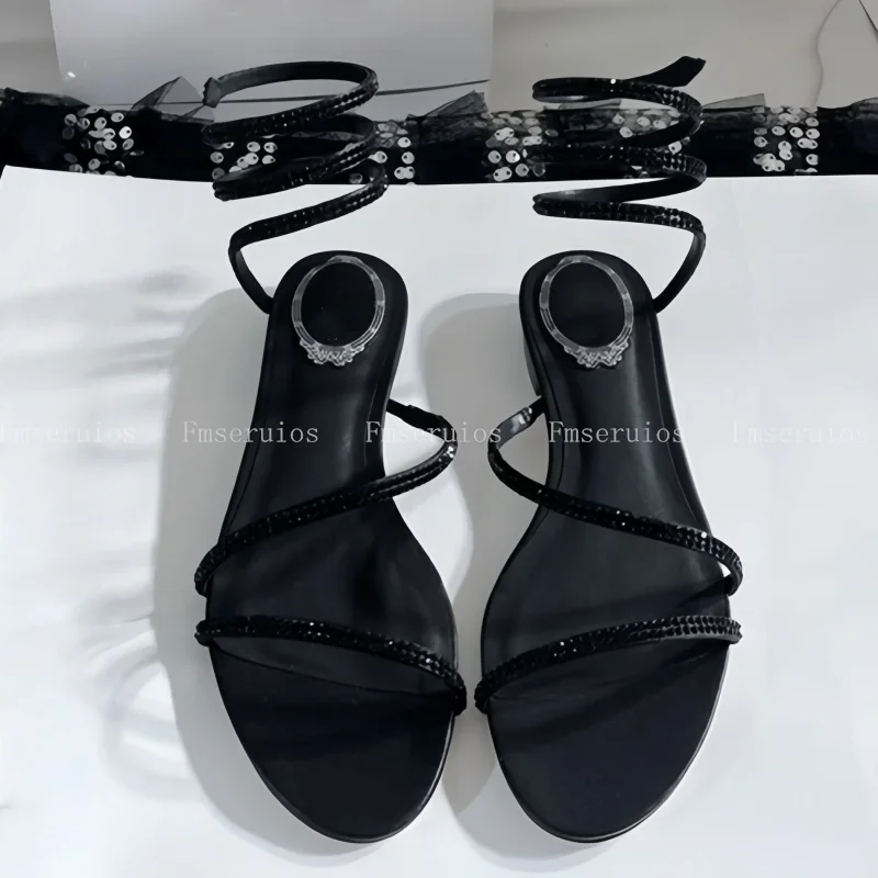 Summer Women Sandals Snake Twine Around Gladiator Sandals Flats Round Toe Rhinestone Ankle Elegant Wedding Party Shoes Ladies