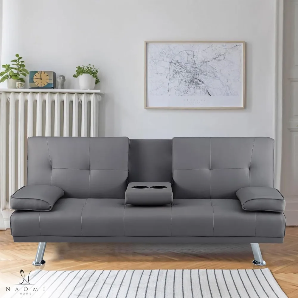 Transform Your Living Space with Comfort Gray Futon Sofa Bed with Armrest, Cupholders, & Reclining Function, Ideal for Cozy